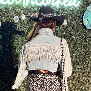 Fringe Denim Jacket and Patterned Skirt